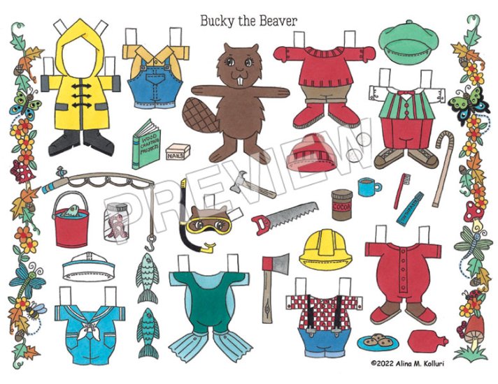 Bucky the Beaver Paper Doll & Play Scene by Alina Kolluri - Click Image to Close